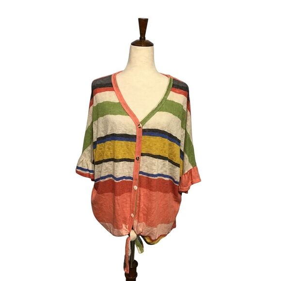 CY Fashions Oversized Striped Tie Front Top LG - Picture 1 of 6